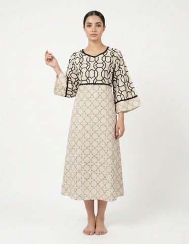 Contemporary Geometric Motif Caftan with Bell Sleeves.