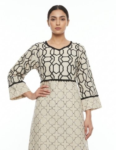 Contemporary Geometric Motif Caftan with Bell Sleeves.