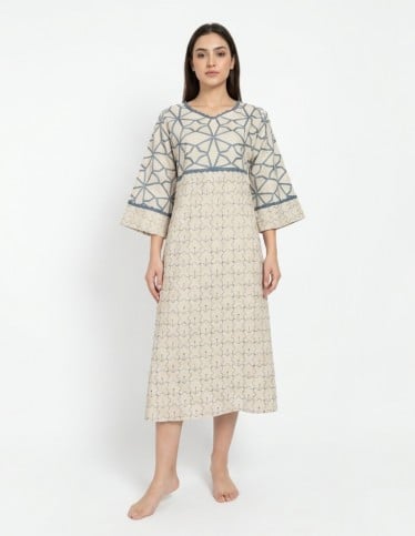 Midi Jalabiya with Steel Blue Geometric Embroidery and Lace Trim.