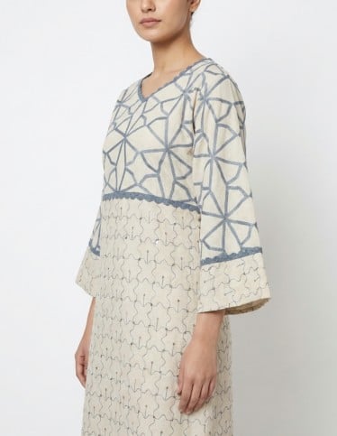 Midi Jalabiya with Steel Blue Geometric Embroidery and Lace Trim.
