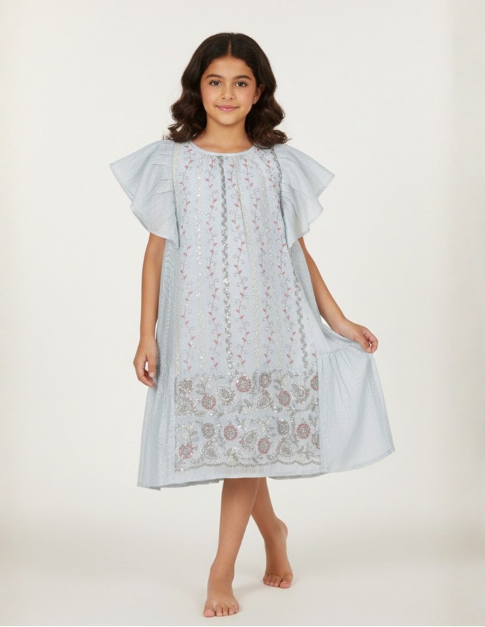 Girls' "Princess" Celestial Blue Jalabiya with Butterfly Sleeves.