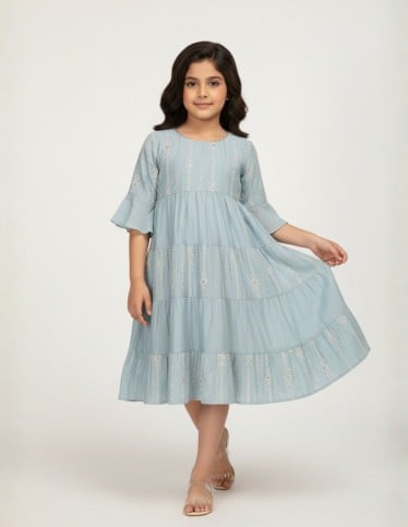 Girls' Tiered Dusty Blue Jalabiya with Golden Linear Embroidery.