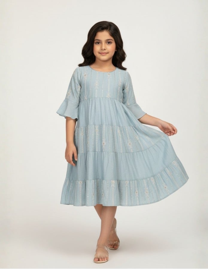 Girls' Tiered Dusty Blue Jalabiya with Golden Linear Embroidery.