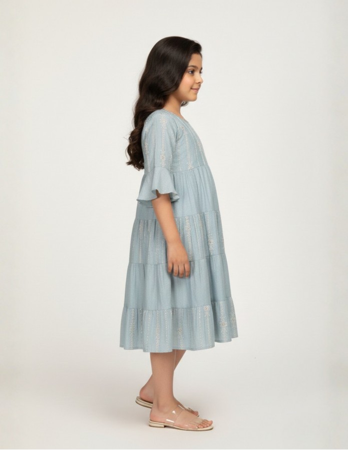 Girls' Tiered Dusty Blue Jalabiya with Golden Linear Embroidery.