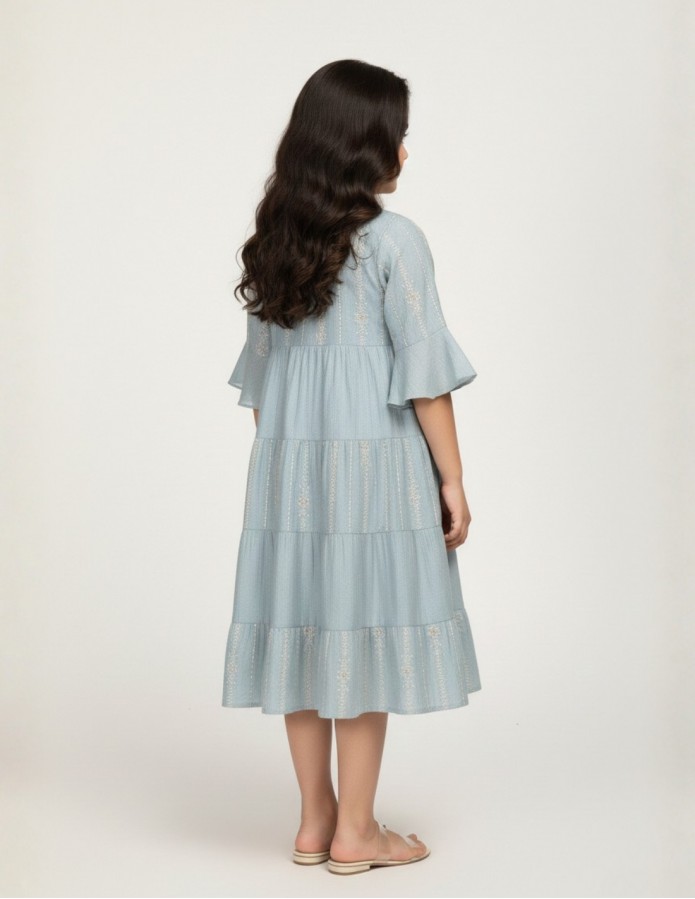 Girls' Tiered Dusty Blue Jalabiya with Golden Linear Embroidery.
