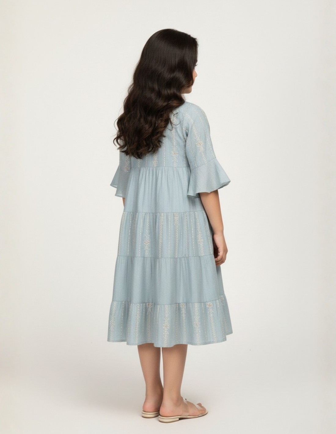 Girls' Tiered Dusty Blue Jalabiya with Golden Linear Embroidery.
