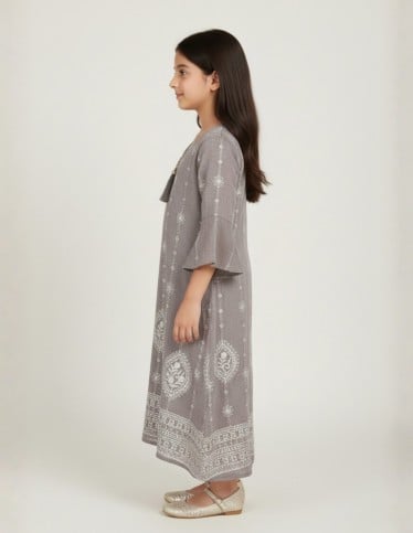 Girls' Ethnic Taupe Jalabiya with White Embroidery and Bell Sleeves.