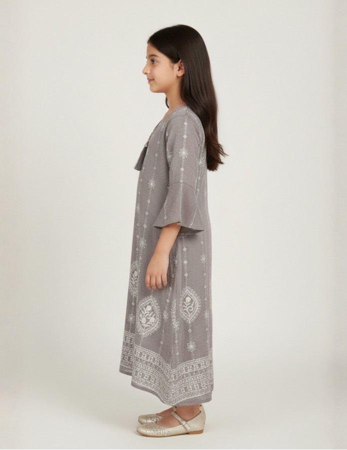 Girls' Ethnic Taupe Jalabiya with White Embroidery and Bell Sleeves.