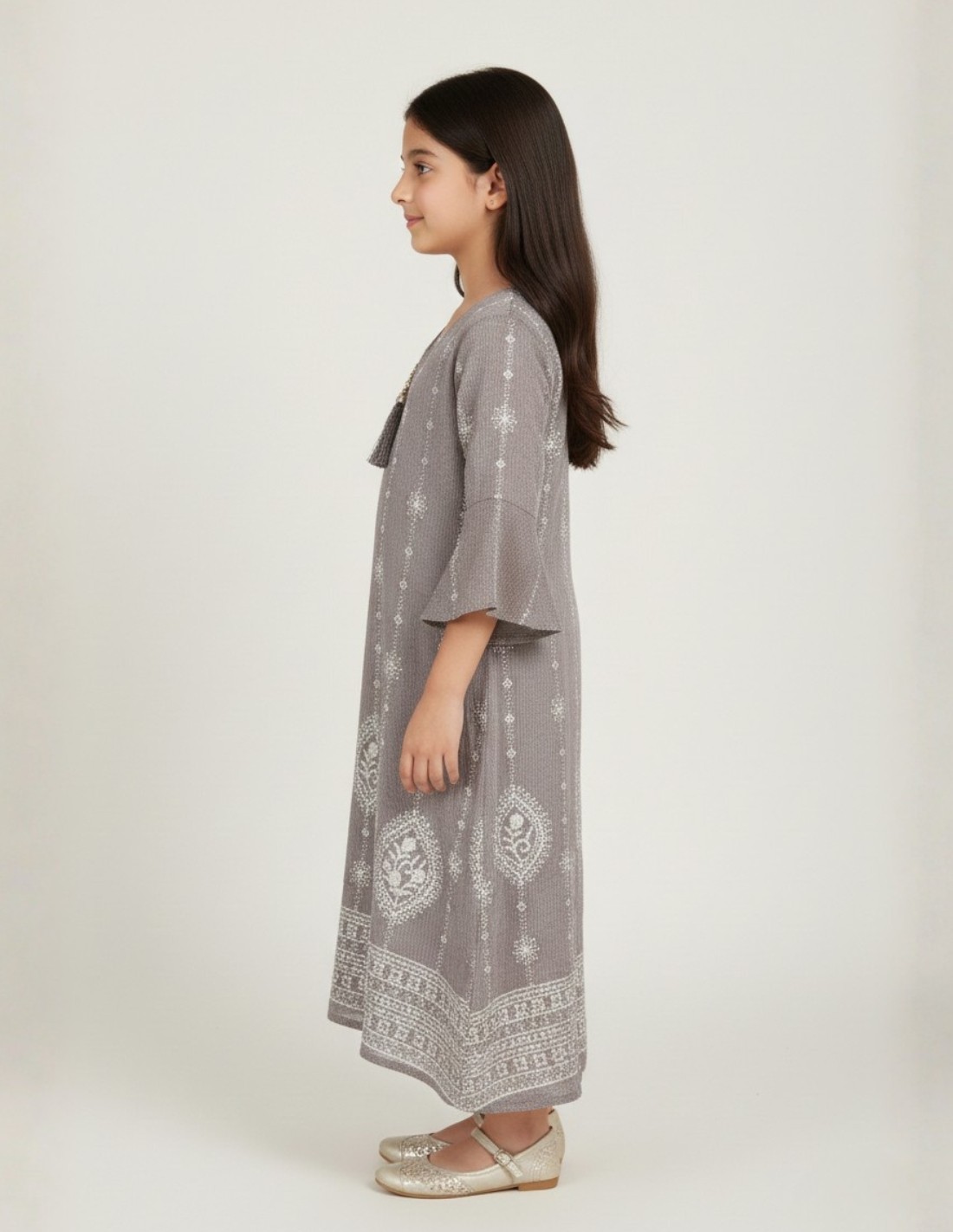 Girls' Ethnic Taupe Jalabiya with White Embroidery and Bell Sleeves.