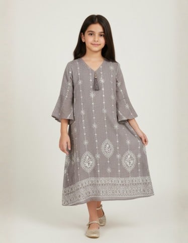 Girls' Ethnic Taupe Jalabiya with White Embroidery and Bell Sleeves.
