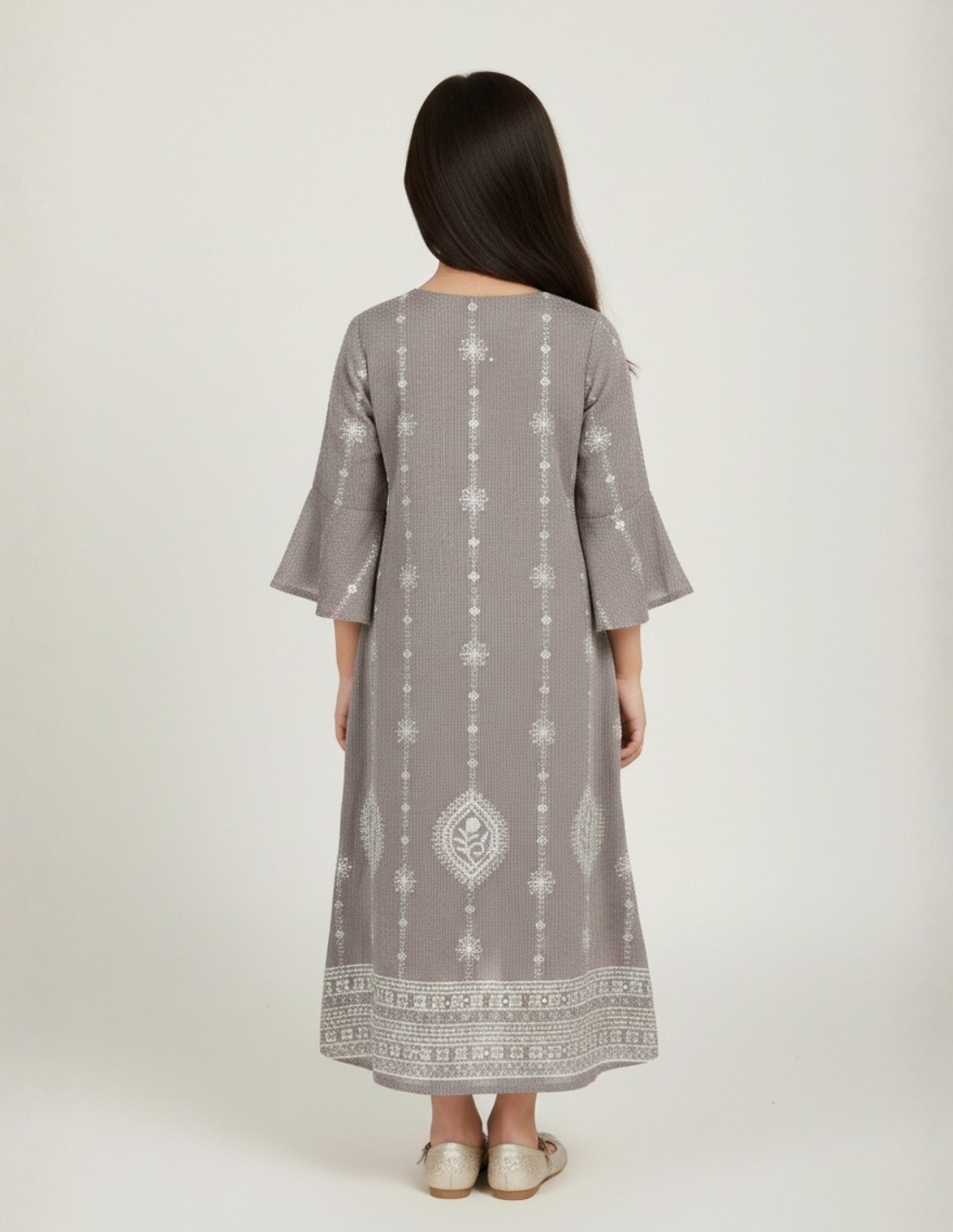 Girls' Ethnic Taupe Jalabiya with White Embroidery and Bell Sleeves.