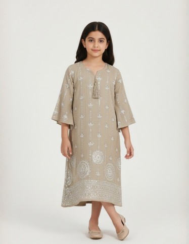 "Areej" Girls' Jalabiya in Sandy Beige with Shimmering Silver Embroidery.