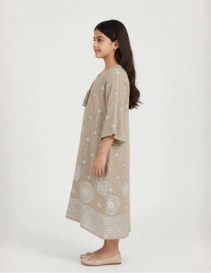 "Areej" Girls' Jalabiya in Sandy Beige with Shimmering Silver Embroidery.