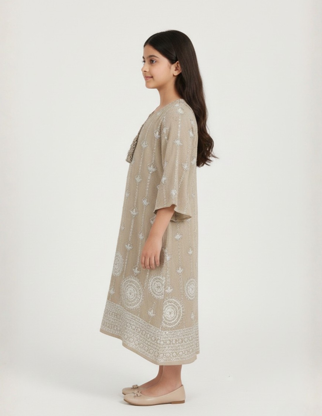 "Areej" Girls' Jalabiya in Sandy Beige with Shimmering Silver Embroidery.