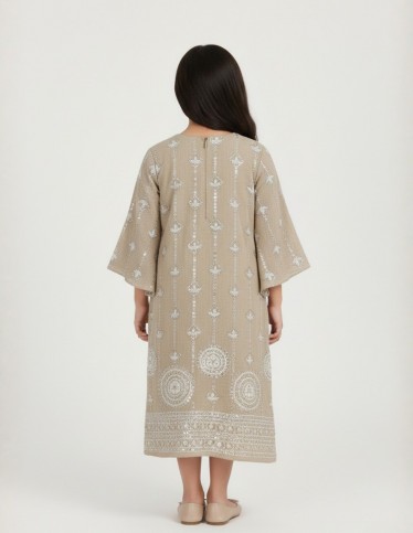 "Areej" Girls' Jalabiya in Sandy Beige with Shimmering Silver Embroidery.