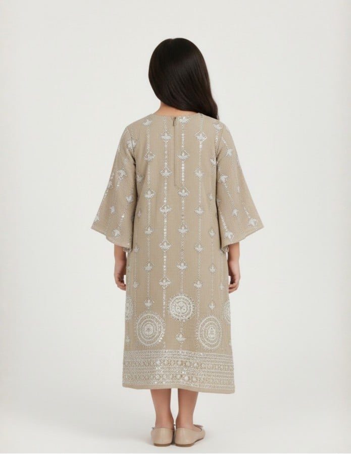 "Areej" Girls' Jalabiya in Sandy Beige with Shimmering Silver Embroidery.