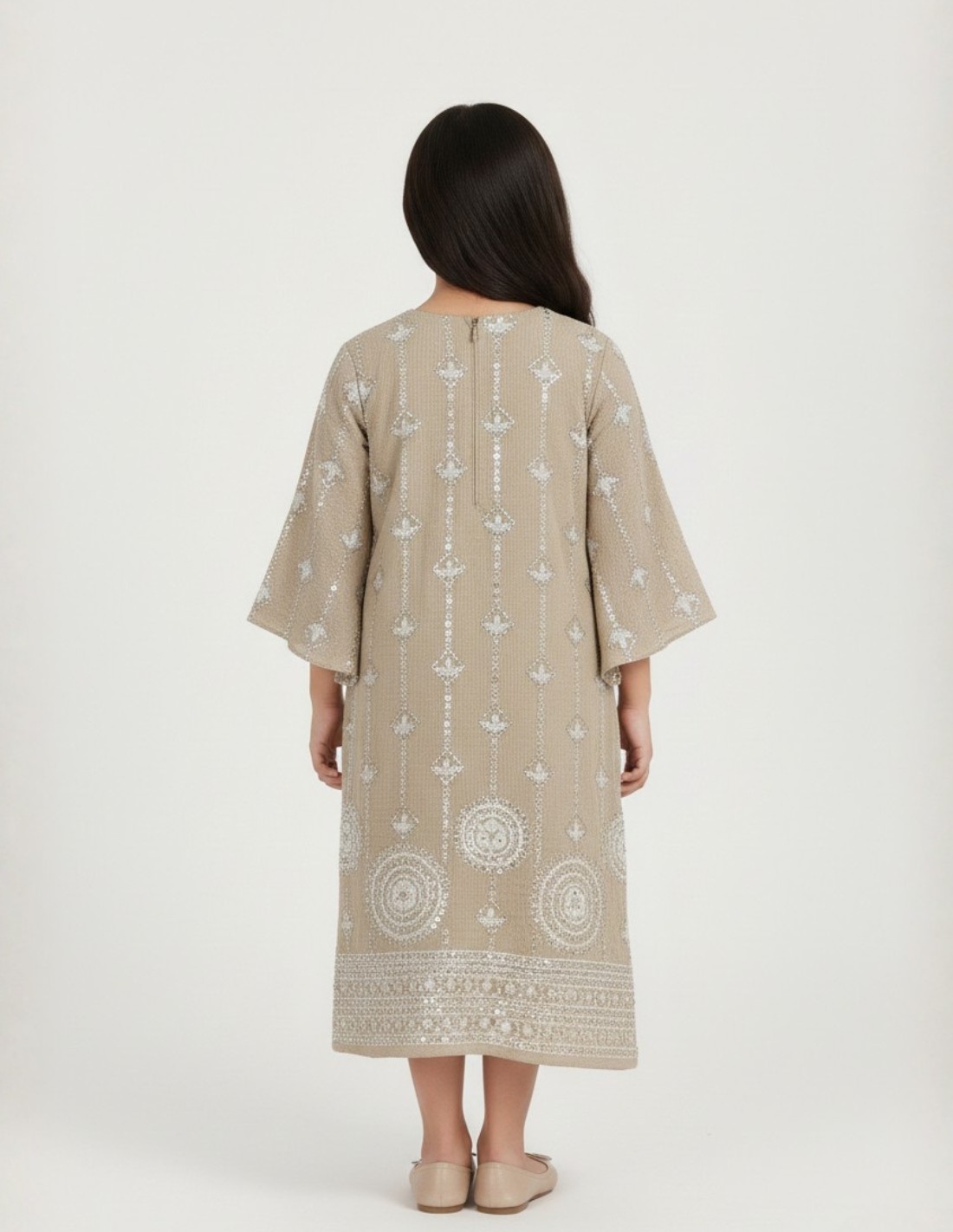 "Areej" Girls' Jalabiya in Sandy Beige with Shimmering Silver Embroidery.
