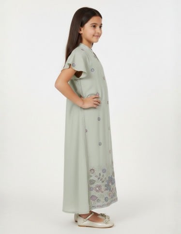 "Nesma" Modern Sage Green Jalabiya with Floral Embroidery.