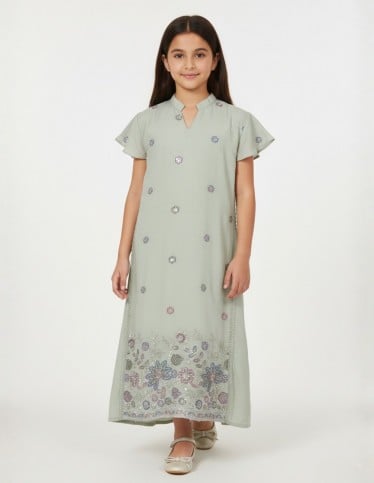 "Nesma" Modern Sage Green Jalabiya with Floral Embroidery.