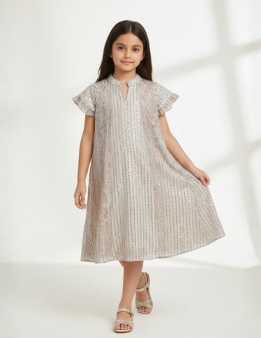 Shimmering Silver Patterned Jalabiya with Ruffle Sleeves