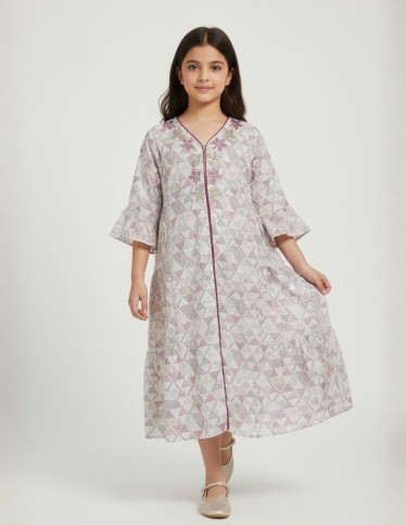 Girls' Tiered Geometric Print Jalabiya with Floral Embroidery