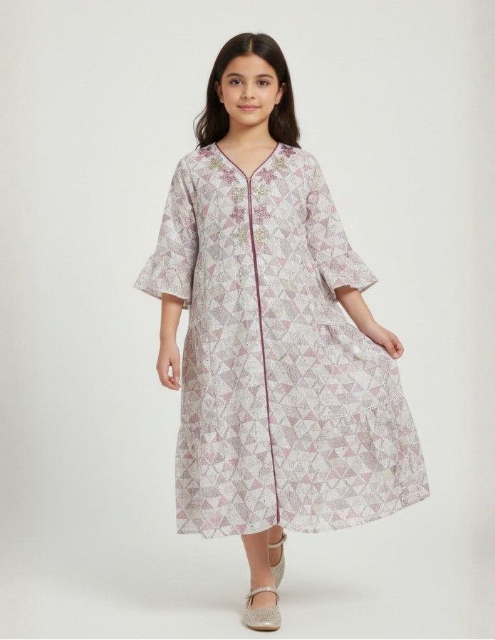 Girls' Tiered Geometric Print Jalabiya with Floral Embroidery