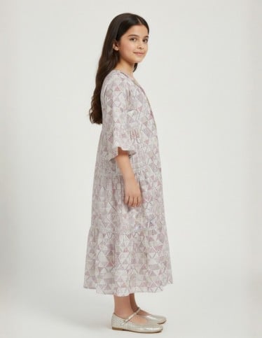 Girls' Tiered Geometric Print Jalabiya with Floral Embroidery