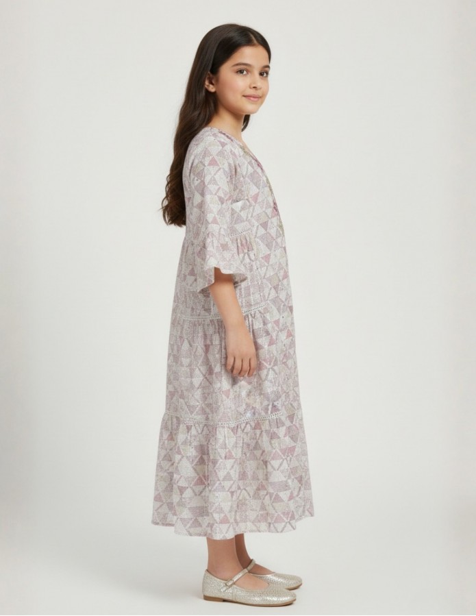 Girls' Tiered Geometric Print Jalabiya with Floral Embroidery