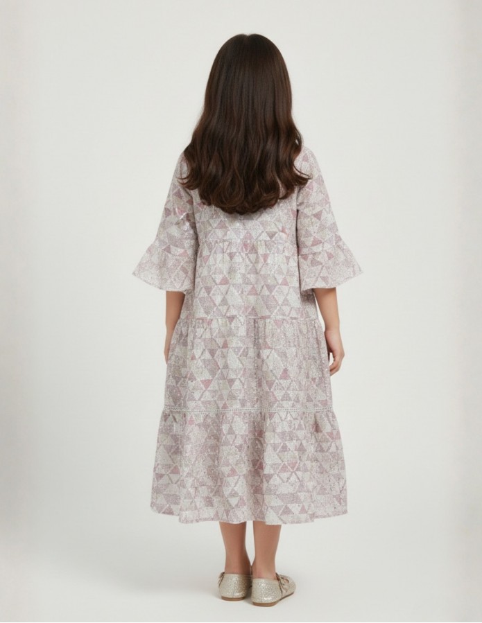 Girls' Tiered Geometric Print Jalabiya with Floral Embroidery
