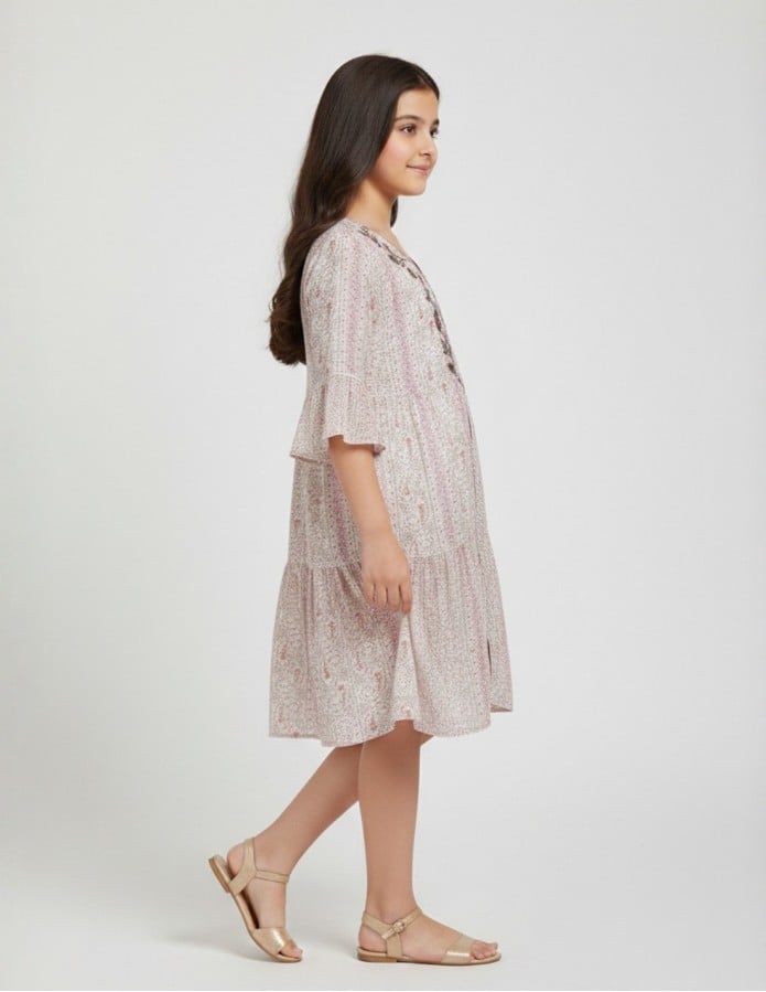 Girls' Tiered Floral Print Jalabiya with Intricate Neckline Embroidery