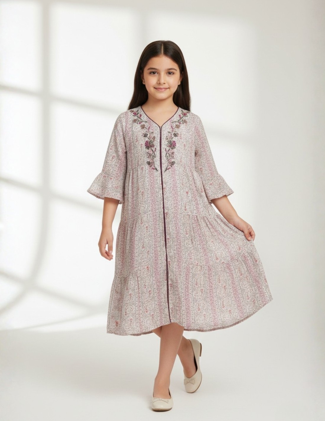 Girls' Tiered Floral Print Jalabiya with Intricate Neckline Embroidery