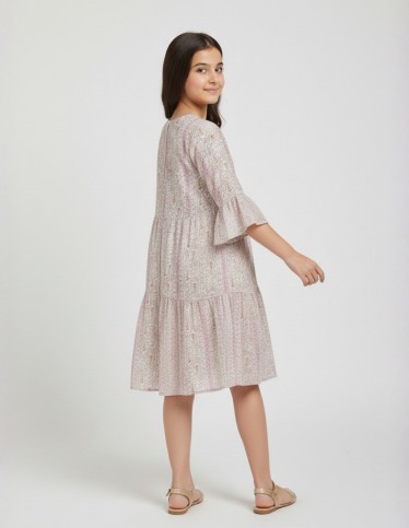 Girls' Tiered Floral Print Jalabiya with Intricate Neckline Embroidery