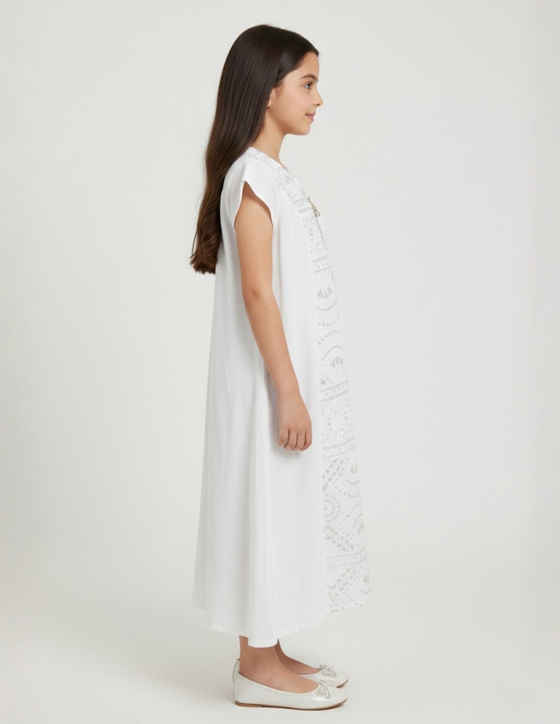 Pristine White Girls' Jalabiya with Silver Geometric Embroidery