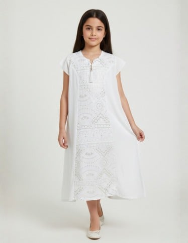 Pristine White Girls' Jalabiya with Silver Geometric Embroidery