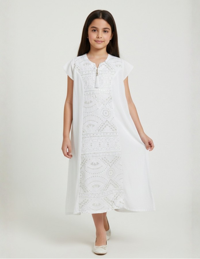 Pristine White Girls' Jalabiya with Silver Geometric Embroidery