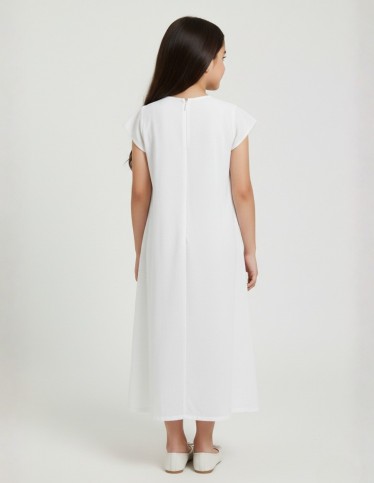 Pristine White Girls' Jalabiya with Silver Geometric Embroidery