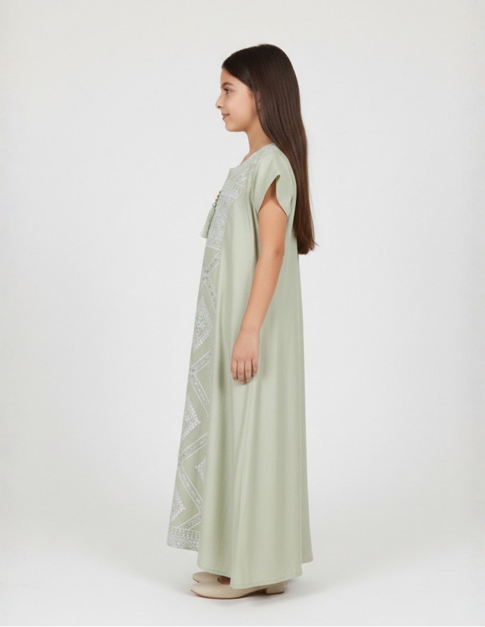 Girls' Sage Green Jalabiya with White Geometric Embroidery