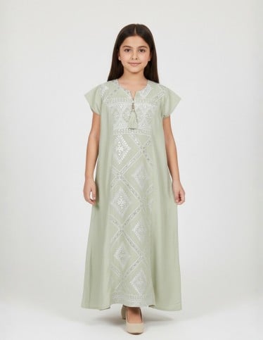 Girls' Sage Green Jalabiya with White Geometric Embroidery