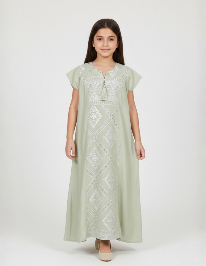 Girls' Sage Green Jalabiya with White Geometric Embroidery