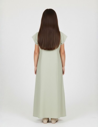 Girls' Sage Green Jalabiya with White Geometric Embroidery