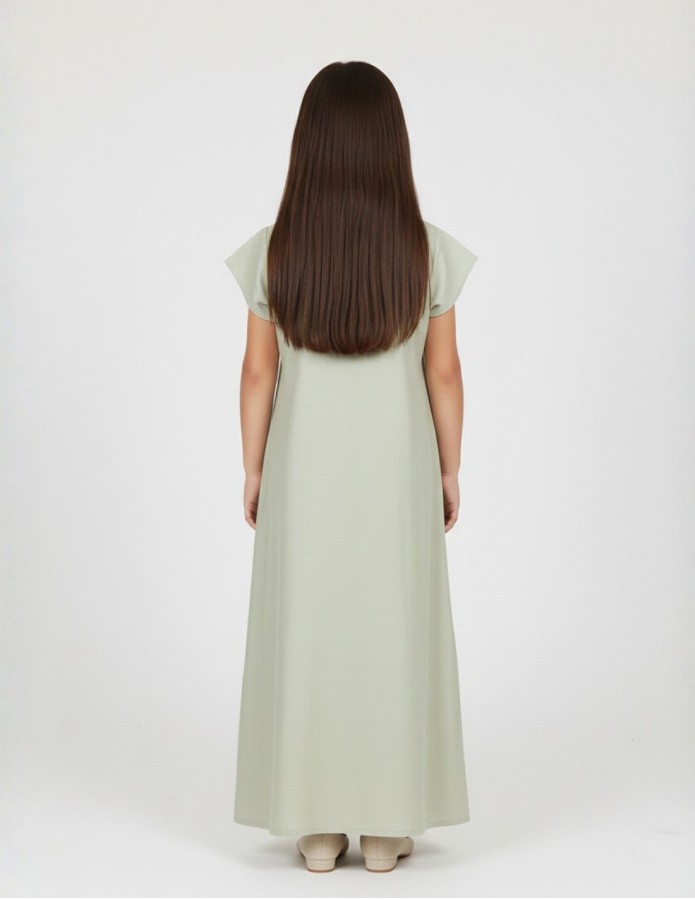 Girls' Sage Green Jalabiya with White Geometric Embroidery
