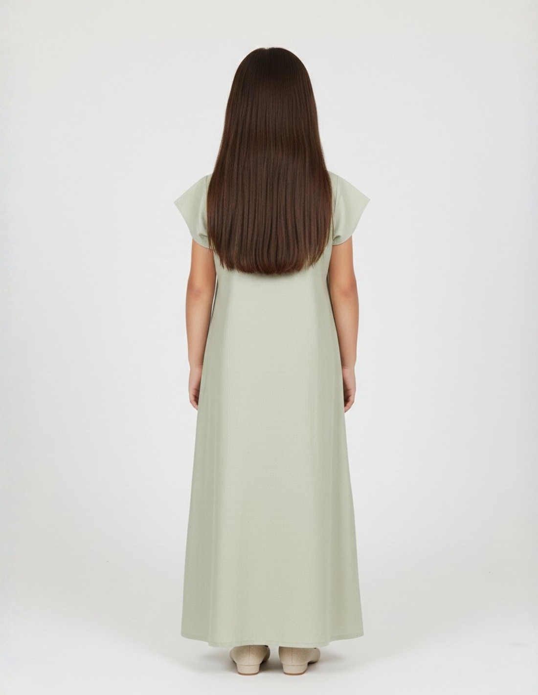 Girls' Sage Green Jalabiya with White Geometric Embroidery