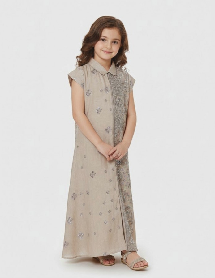 Girls' Shimmering Gold Jalabiya with Floral Crystal Embroidery and Classic Collar
