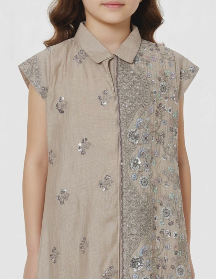 Girls' Shimmering Gold Jalabiya with Floral Crystal Embroidery and Classic Collar