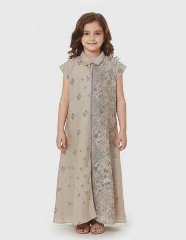 Girls' Shimmering Gold Jalabiya with Floral Crystal Embroidery and Classic Collar