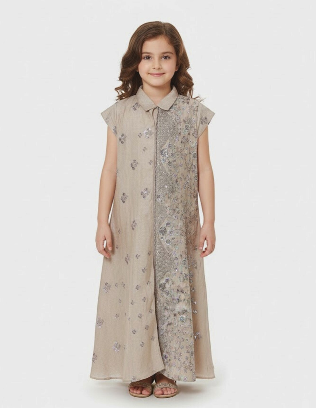 Girls' Shimmering Gold Jalabiya with Floral Crystal Embroidery and Classic Collar