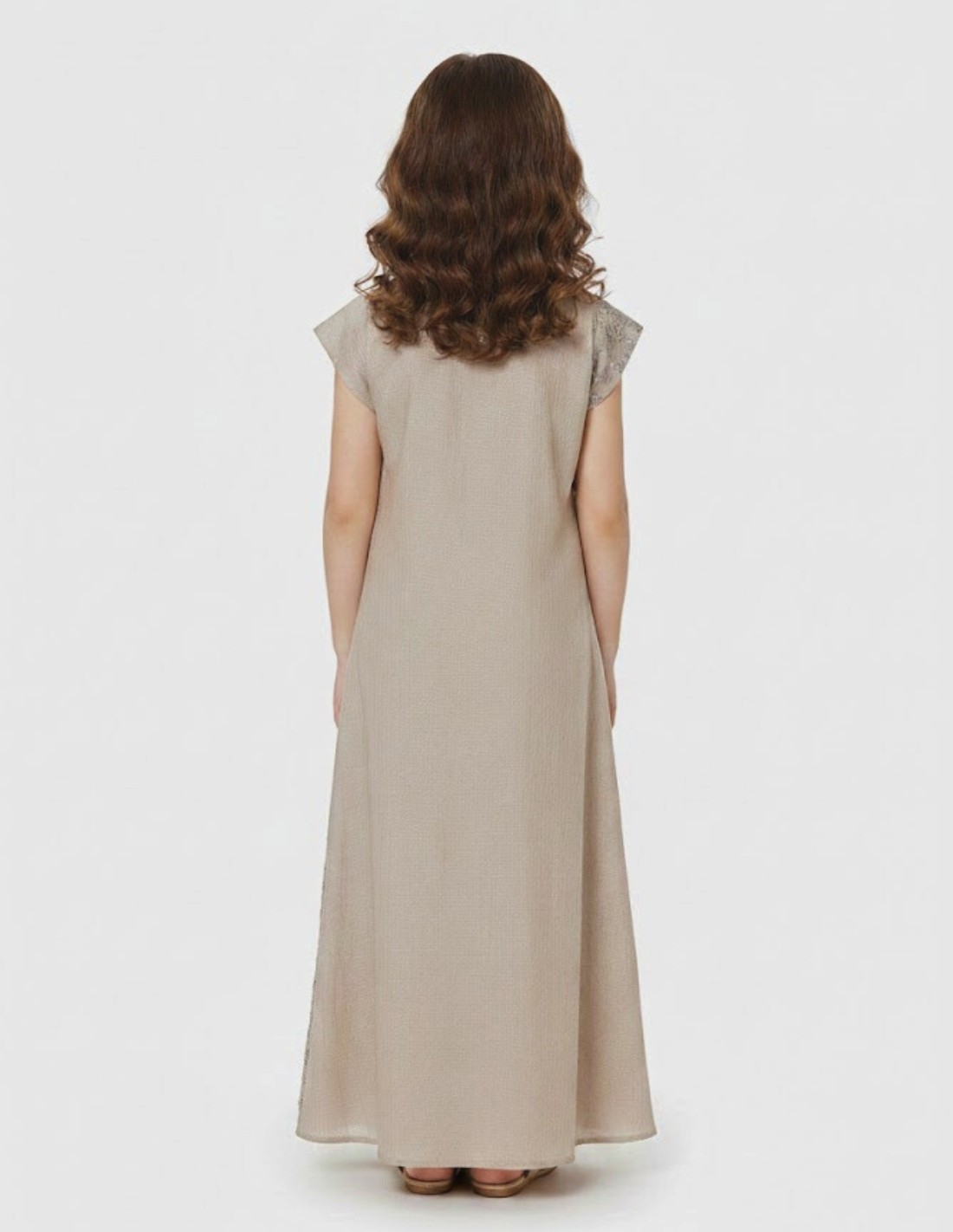 Girls' Shimmering Gold Jalabiya with Floral Crystal Embroidery and Classic Collar