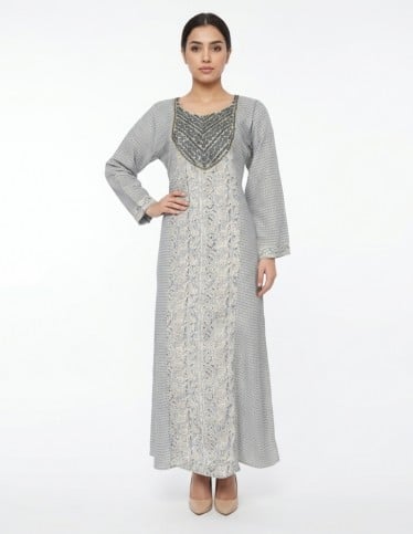 Grey Casual Jalabiya with Vertical Patterns and Royal Bodice Embroidery