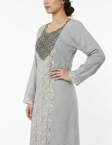 Grey Casual Jalabiya with Vertical Patterns and Royal Bodice Embroidery