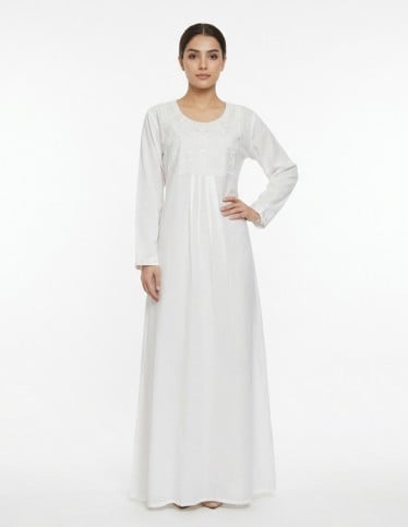 Pure White Classic Embroidered Linen-Feel Jalabiya